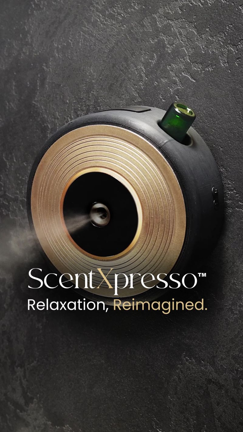 A wall-mounted smart aromatherapy device diffusing essential oils into steam to create a 5-minute autonomic reset and sensory sanctuary.